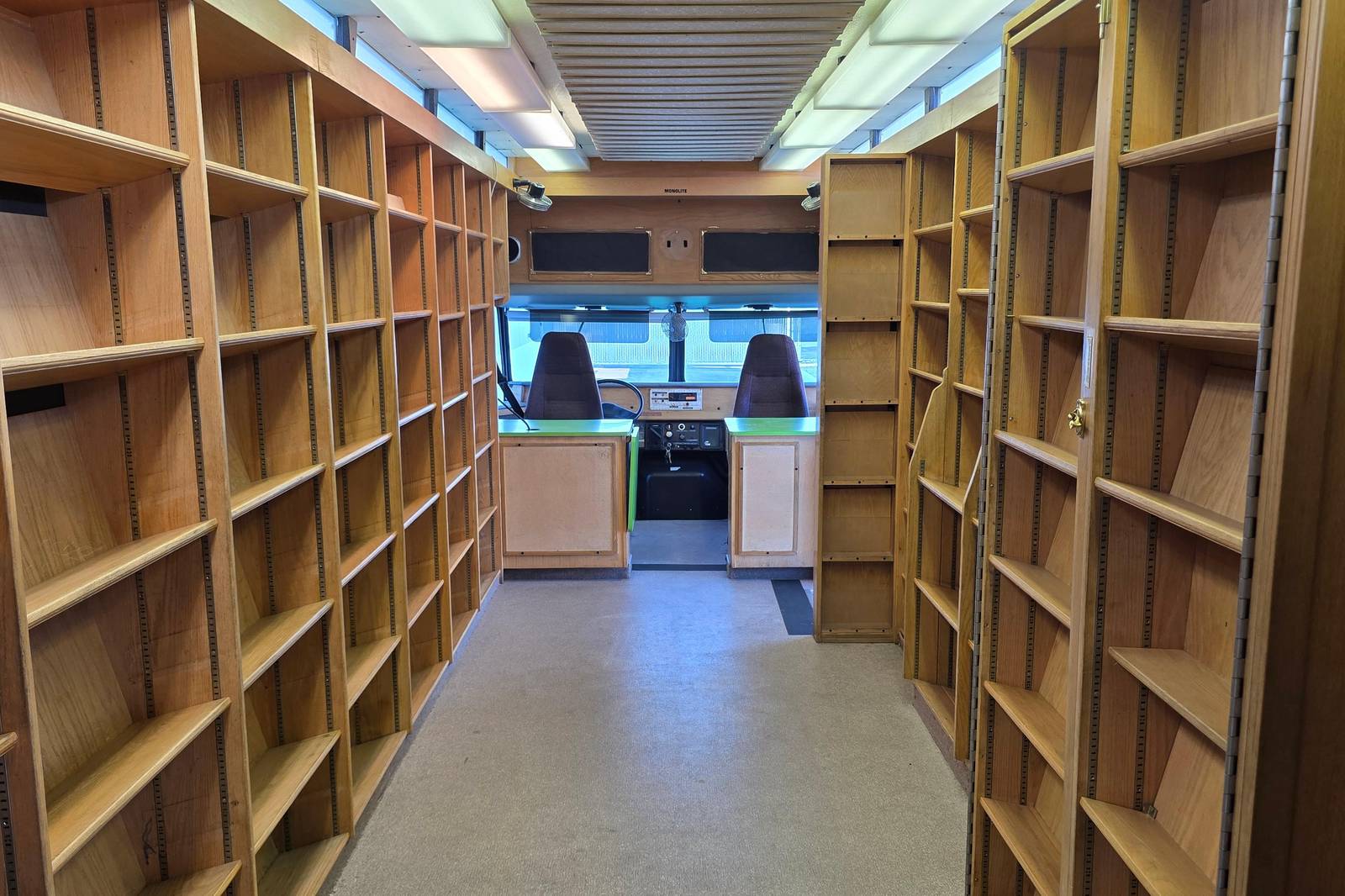 1995 International 3800 Bookmobile interior with bookcases